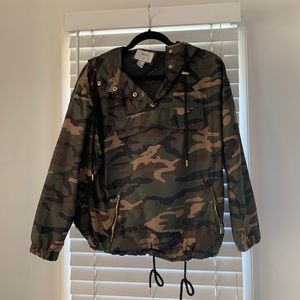 Camouflage windbreaker jacket with gold accents